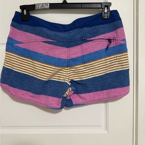 Patagonia Pink, Blue, and Gold Striped Women's Athletic Shorts